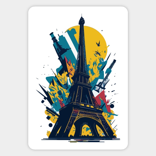 Vibrant illustration of chaotic debris around the Eiffel tower Magnet by amithachapa